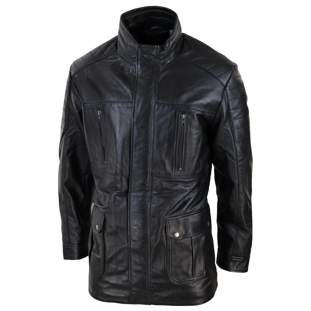 Mens 3/4 Real Leather Jacket Safari Black Brown Zipped Winter Shooting - Knighthood Store