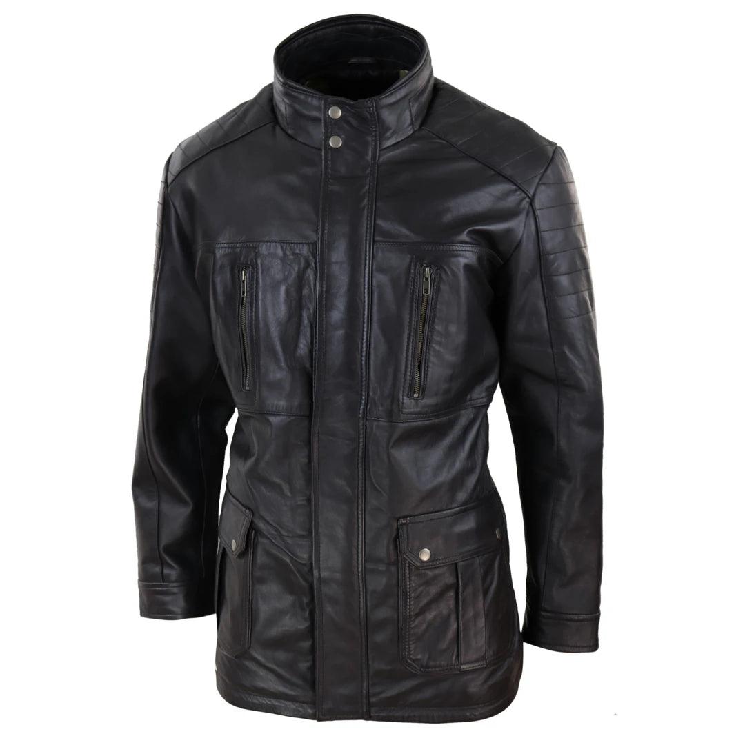 Mens 3/4 Real Leather Jacket Safari Black Brown Zipped Winter Shooting - Knighthood Store
