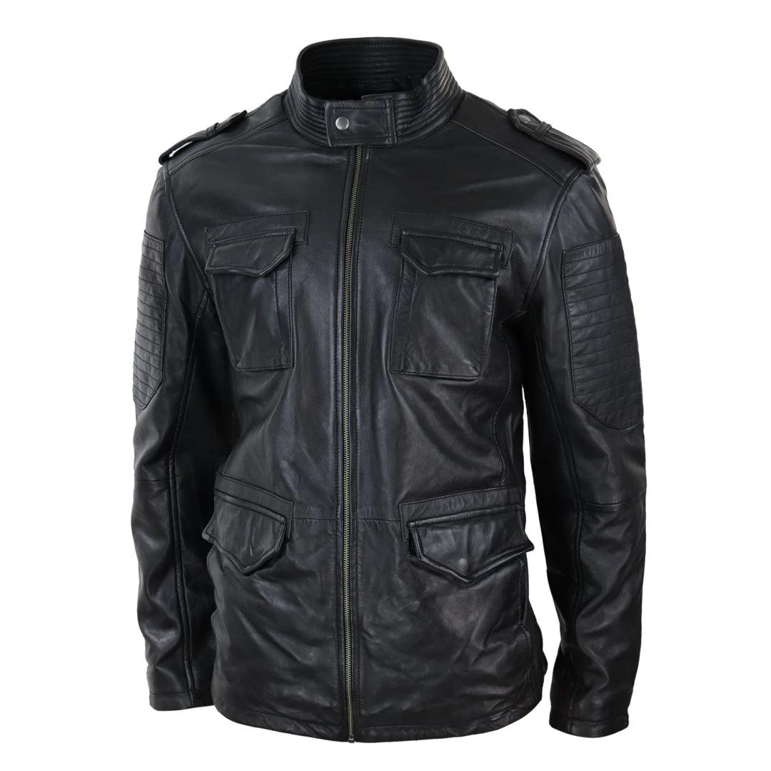 Mens Real Leather Military Safari Jacket Zip Parker Smart Casual Classic Black - Knighthood Store