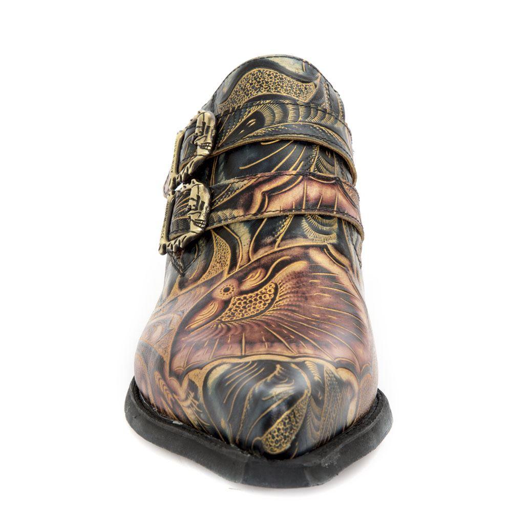 New Rock M-7960-s14 Embossed Vintage Shoes Black Leather Buckle Steel Heel - Knighthood Store