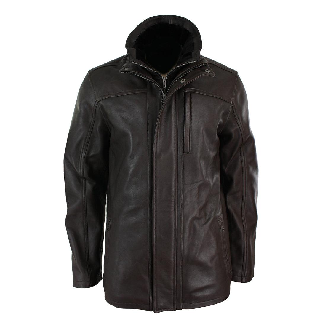 Mens 3/4 Real Leather Safari Jacket Overcoat Removable Double Zip Black Brown - Knighthood Store