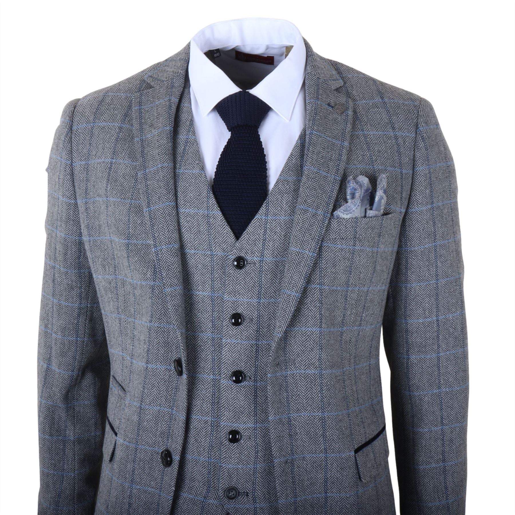 Harris - Men's Grey 3 Piece Herringbone Check Tweed Suit
