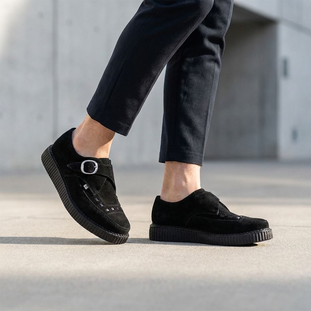 Pointed Creeper Black Suede Monk Buckle Platform Shoes