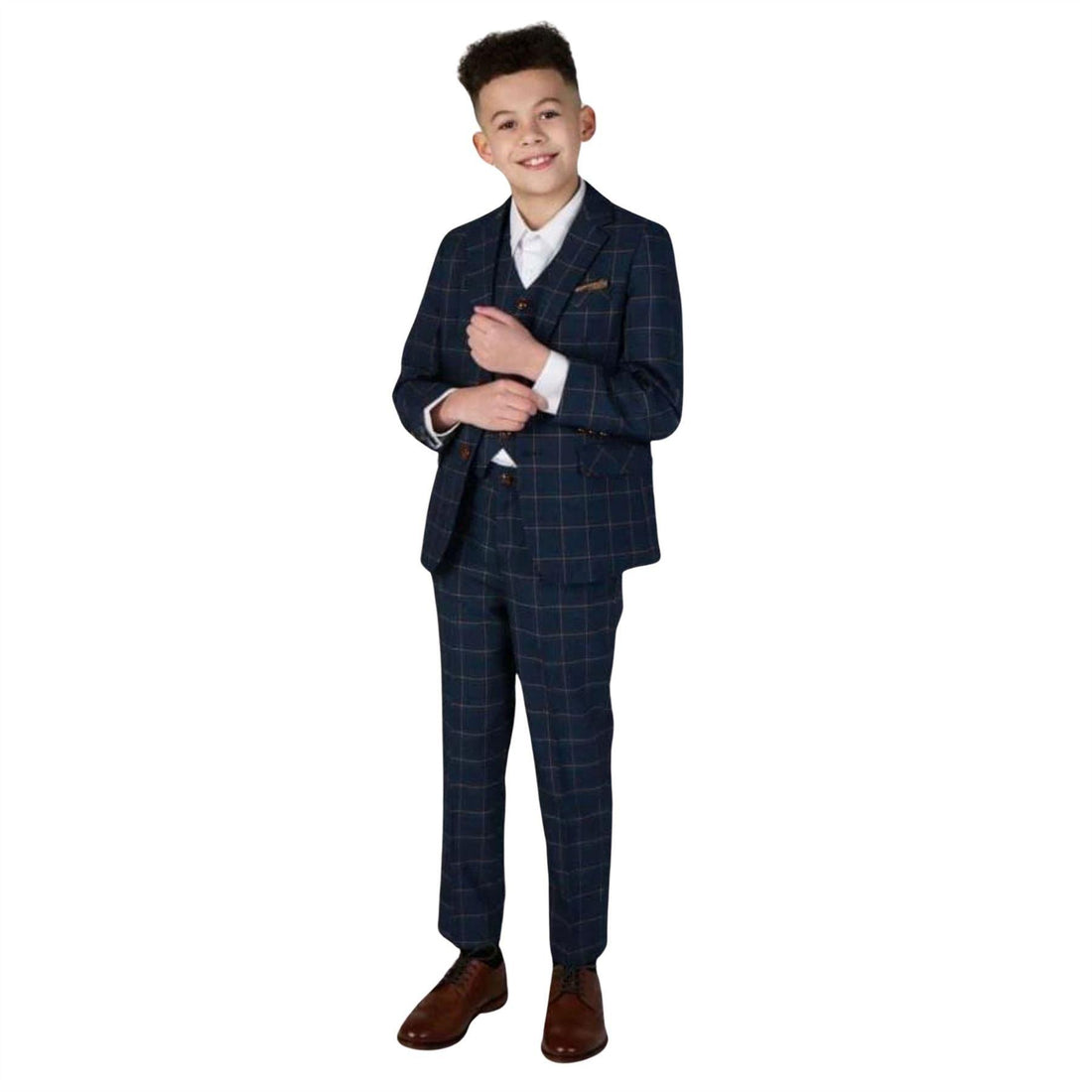 Boys 3 Piece Suit Blue Orange Check - Knighthood Store