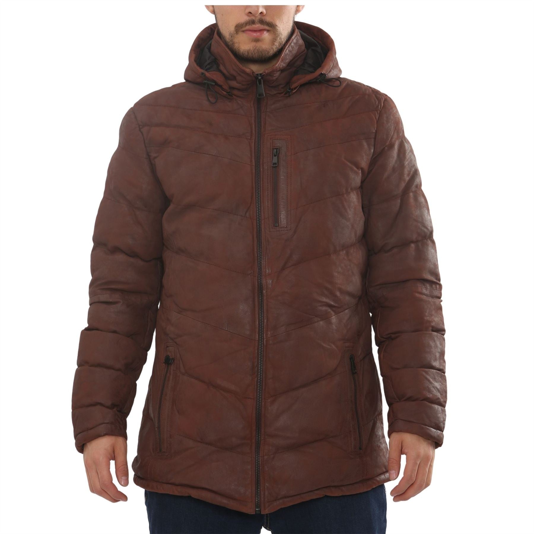 Men's Leather Puffer Jacket Hooded Quilted Winter Coat