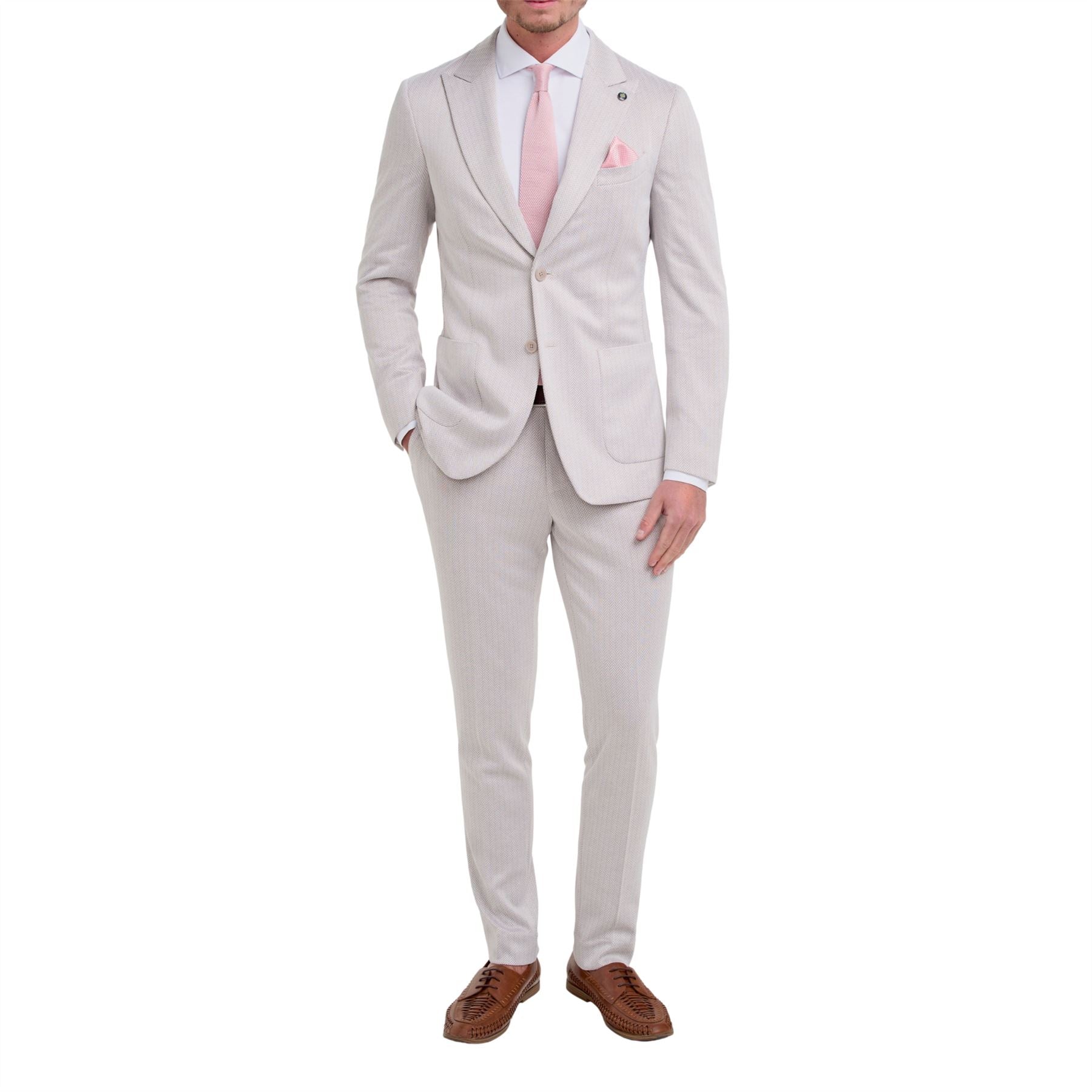 Vasco - Men's Beige 2 Piece Herringbone Suit