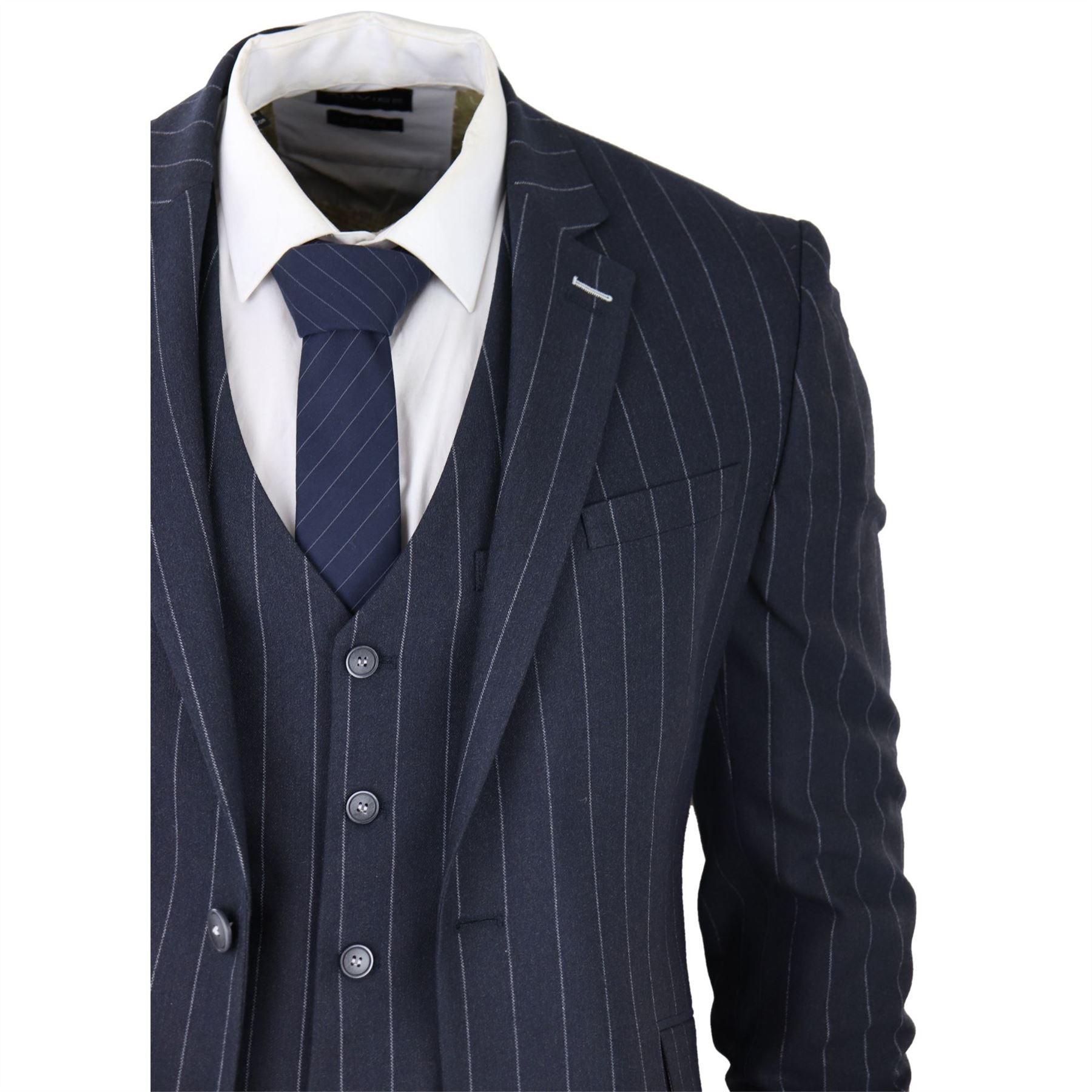 Mens 3 Piece Suit Pin Stripe Navy Classic Vintage Retro 1920s Tailored Fit Wedding