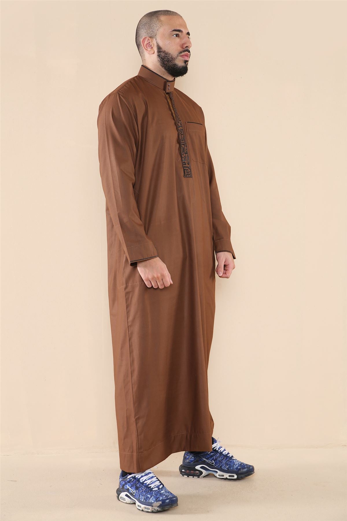 Mens Thobe Jubba Nehru Stand Collar Islamic Clothing Muslim Cotton Kaftan Embroidery Eid Robe Saudi