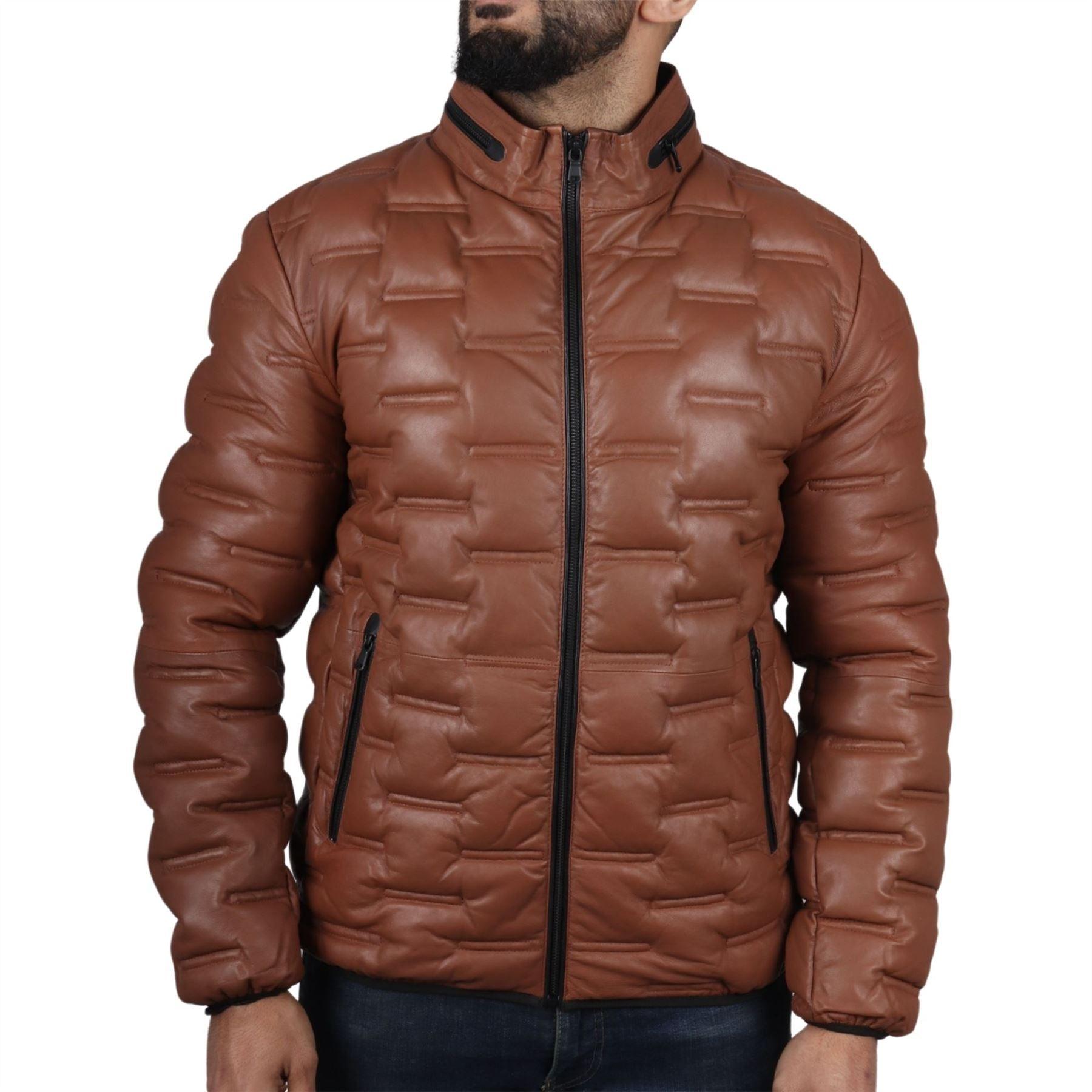 Men's Puffer Quilted Real Leather Jacket Casual Waist Length - Knighthood Store
