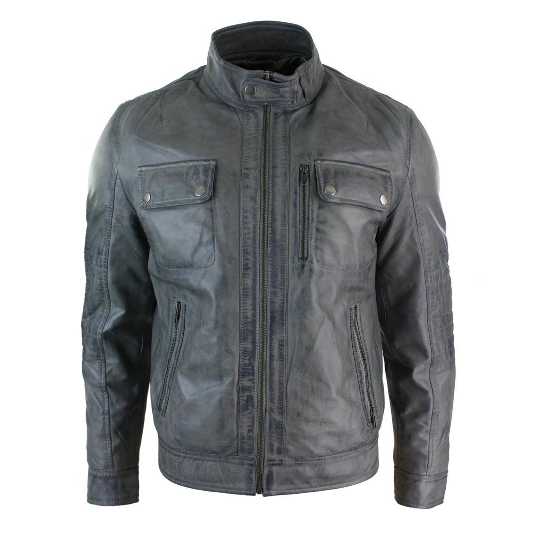 Mens Short Blue Grey Zipped Biker Style Washed Real Leather Vintage Jacket - Knighthood Store