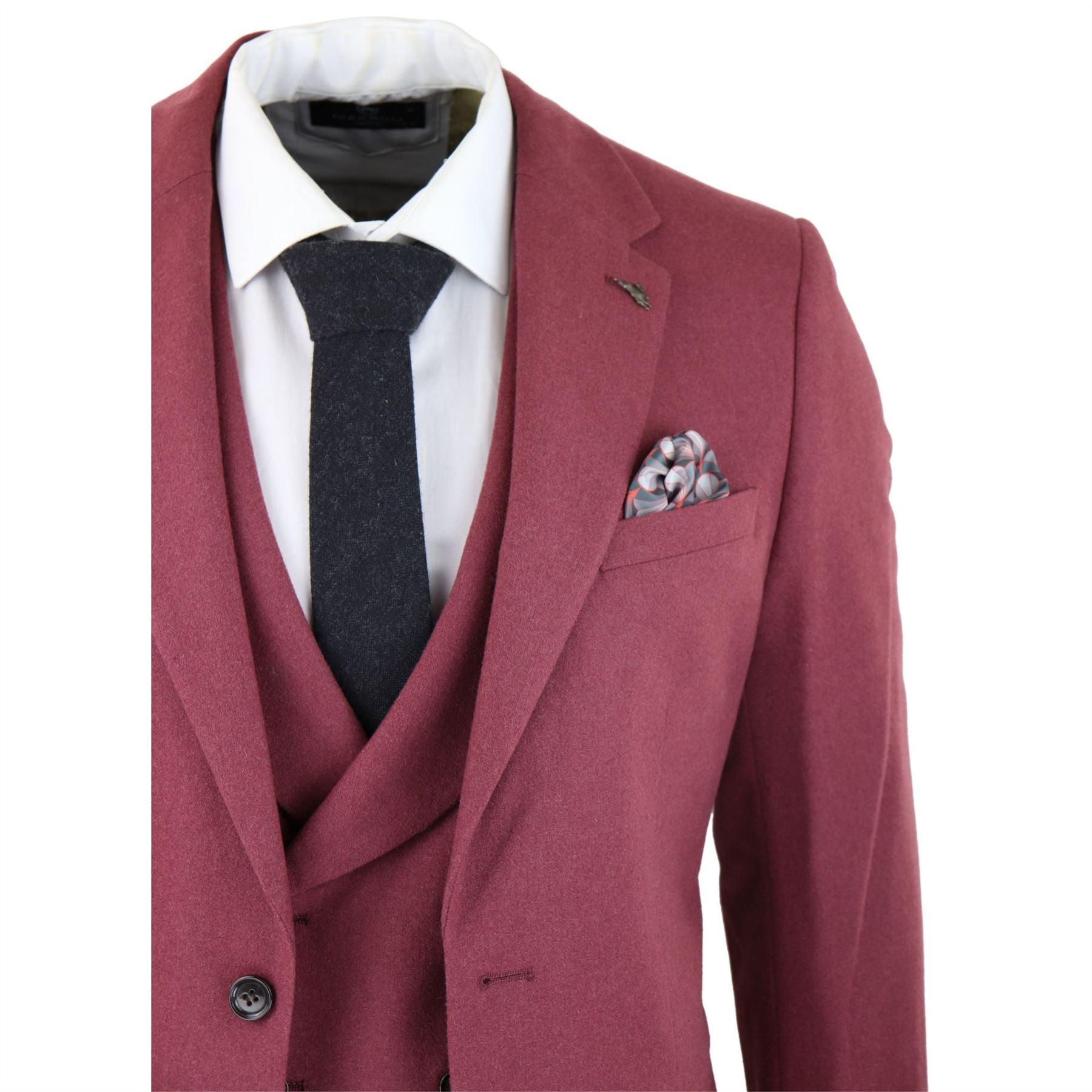 Mens Wool 3 Piece Burgundy Red Suit Double Breasted Wedding Party Vintage 1920s - Knighthood Store