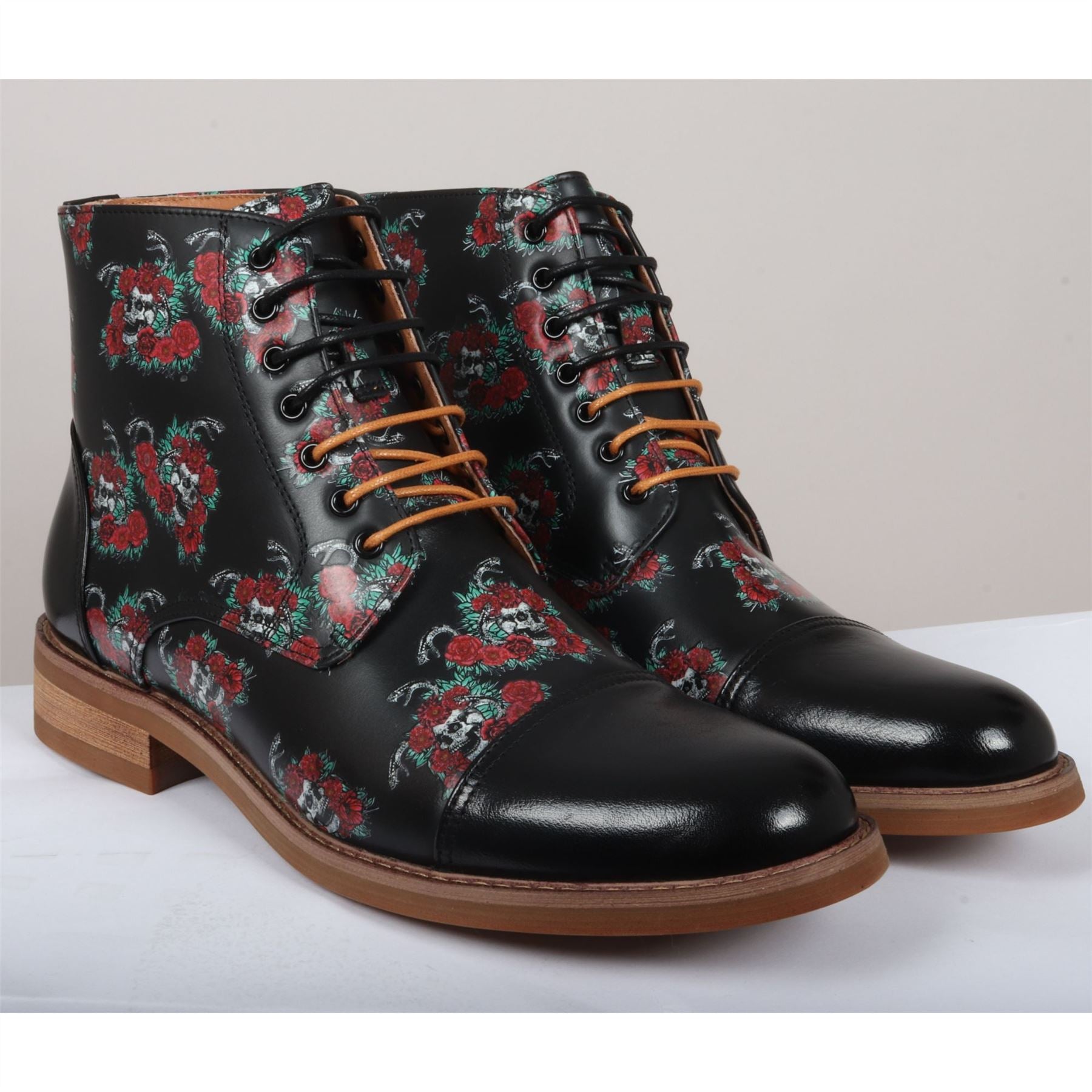 Men's Boot Black Oxford Floral Skull Print Lace Up Leather Dress Ankle Boots