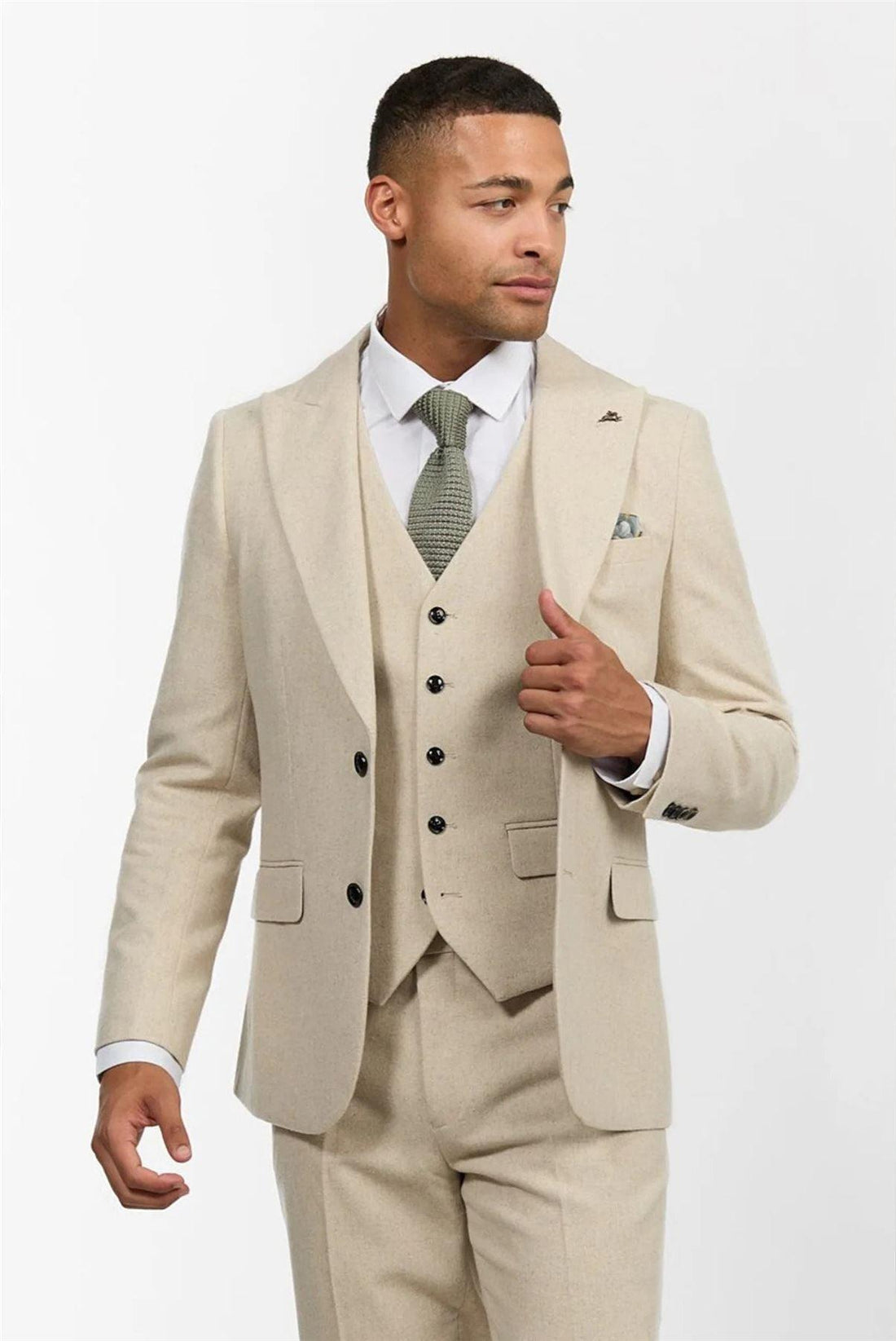 Mens Wool 3 Piece Cream Beige Suit Slim Fit Classic Wedding Party Vintage 1920s - Knighthood Store