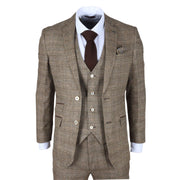 Men's Suit 3 Piece Brown Checked Slim Fit Formal Dress