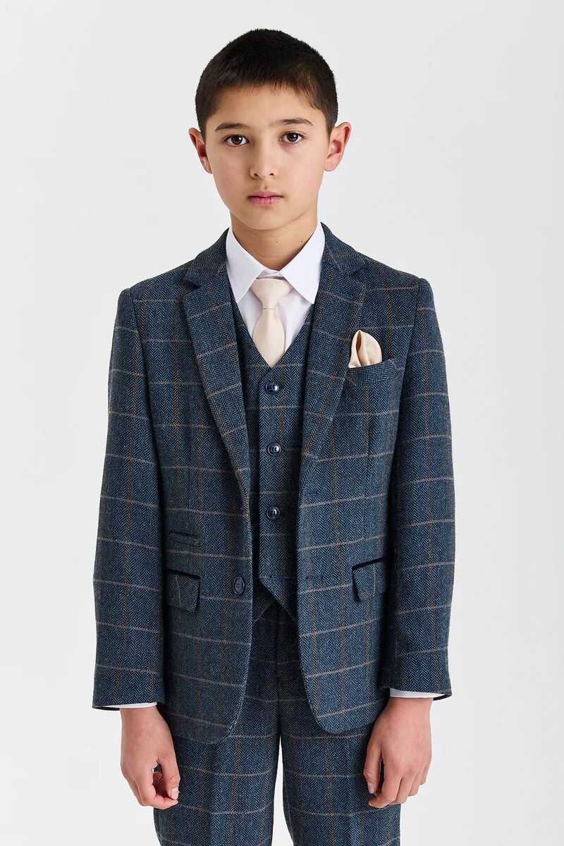 Harris - Boys Navy 3 Piece Wool Blend Tweed Suit