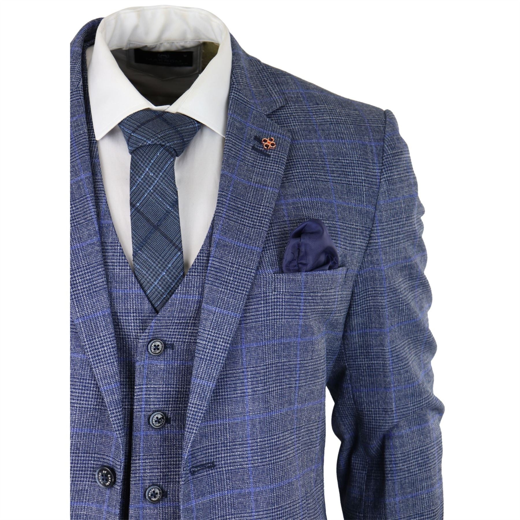 Mens 3 Piece Suit Blue Prince Of Wales Check Tailored Fit Summer Classic Vintage