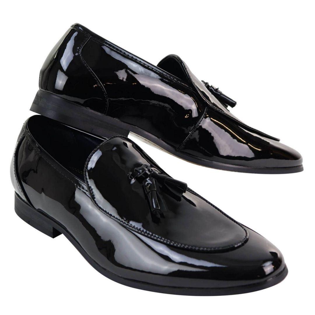 Mens Tassel Slip On Black Shoes Shiny Patent Smart Casual Formal Driving Retro - Knighthood Store