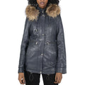 Womens Real Leather Parka Coat 3/4 Removable Hood Fur Button Cover Zipped - Knighthood Store