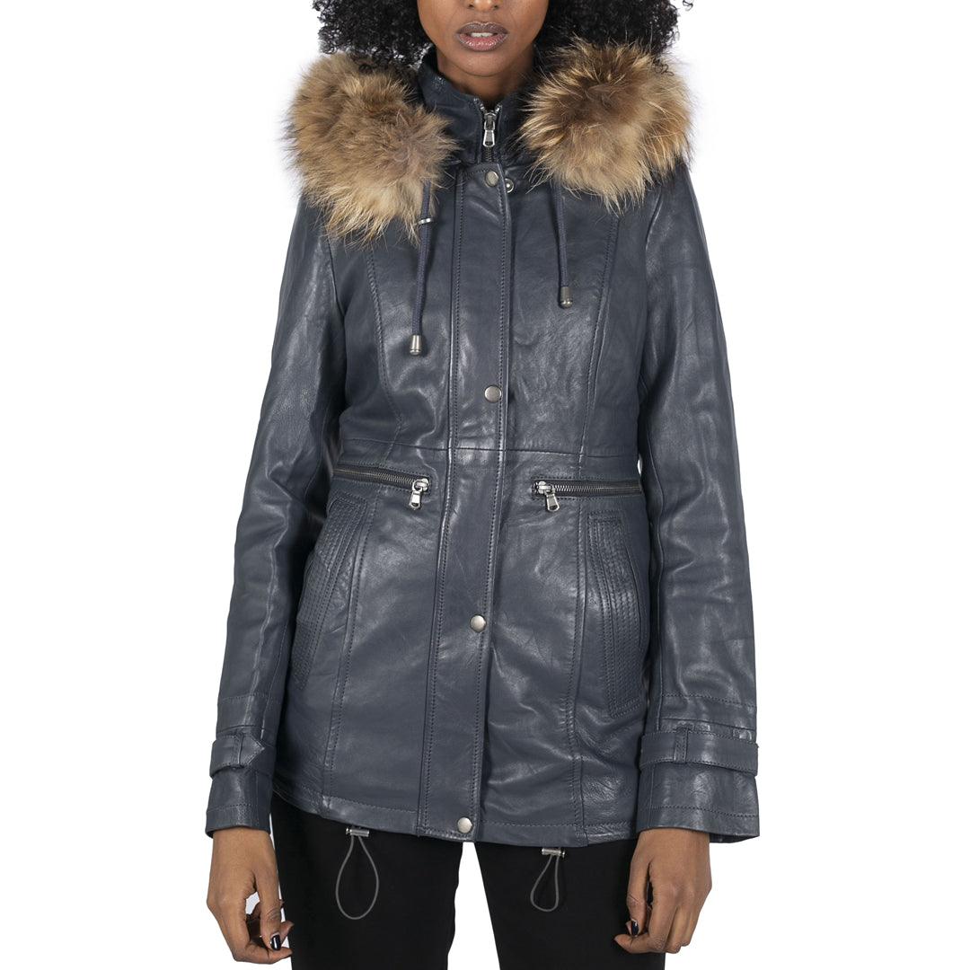 Womens Real Leather Parka Coat 3/4 Removable Hood Fur Button Cover Zipped - Knighthood Store