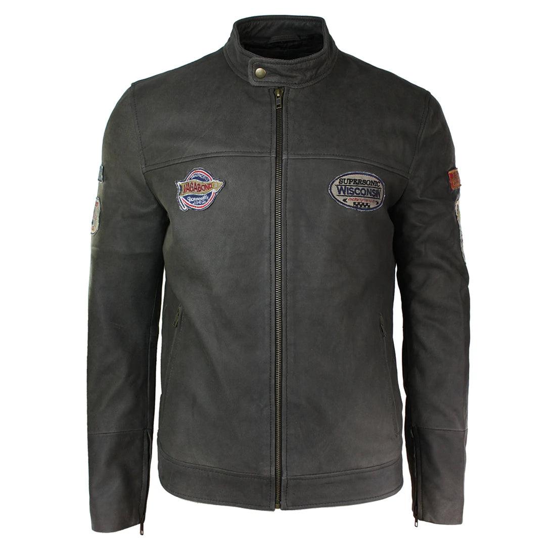 Mens Vintage Brown Leather Racer Badge Biker Jacket Washed Distressed Slim Fit - Knighthood Store