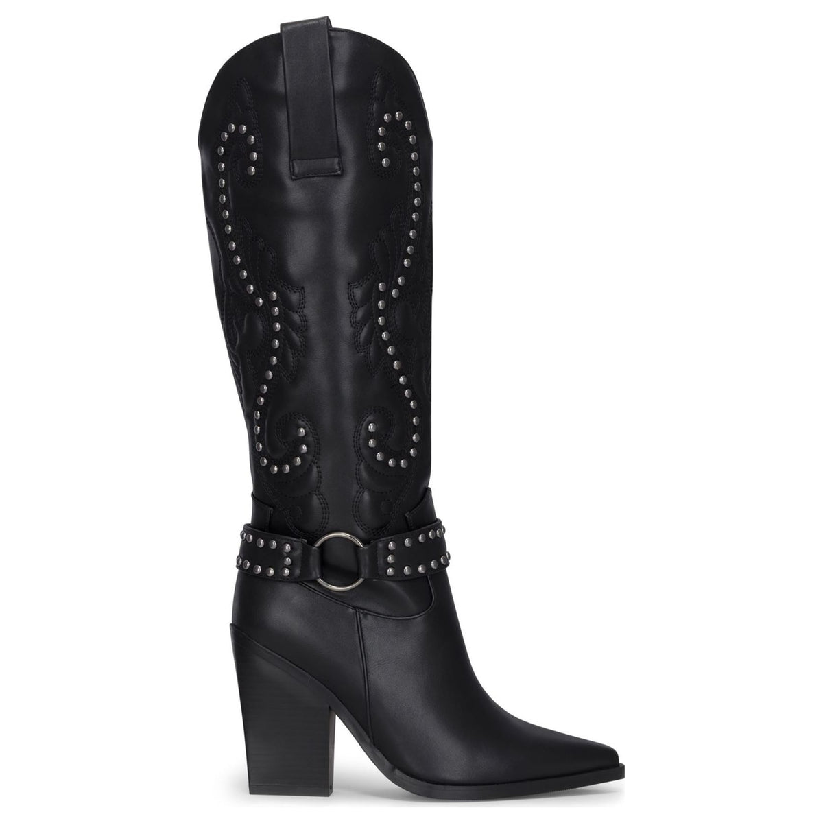 Women's Black Vegan Leather Silver Studs Knee-High Western Cowboy Boots