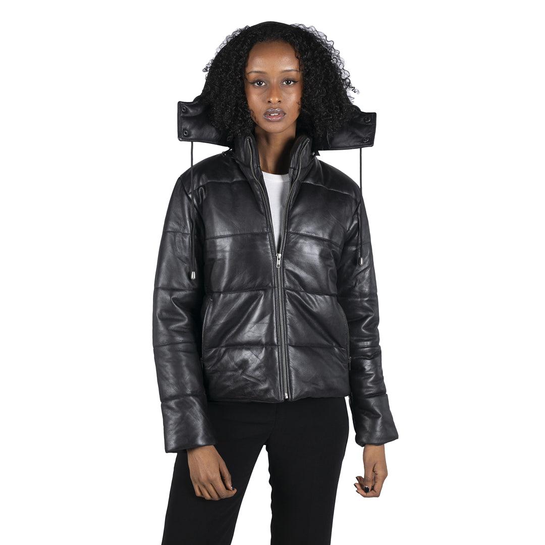 Womens Short Puffer Hood Jacket Real Leather Black Casual Retro 80s Classic - Knighthood Store