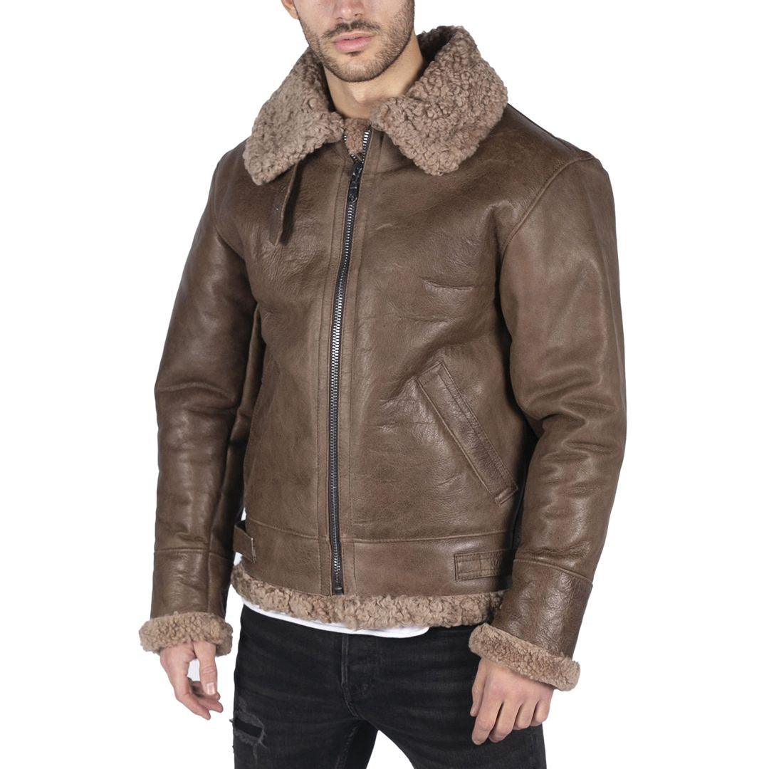 Mens Genuine Sheepskin Leather B3 Flying Aviator Vintage Brown Teddy Sheep Fur - Knighthood Store