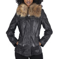 Womens Real Leather Short Parka Jacket Coat Fur Hood Zipped Brown Tan Black - Knighthood Store