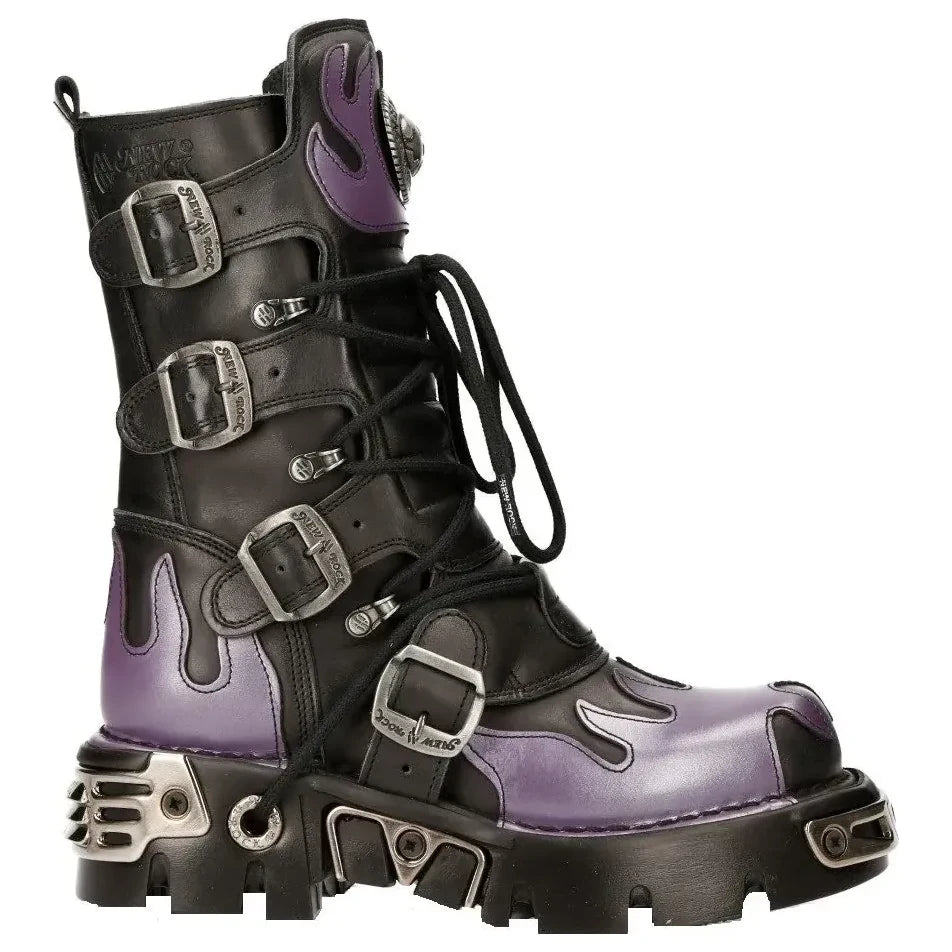 Men's New Rock M-591-s5 Purple Flame Boots Black Leather Gothic