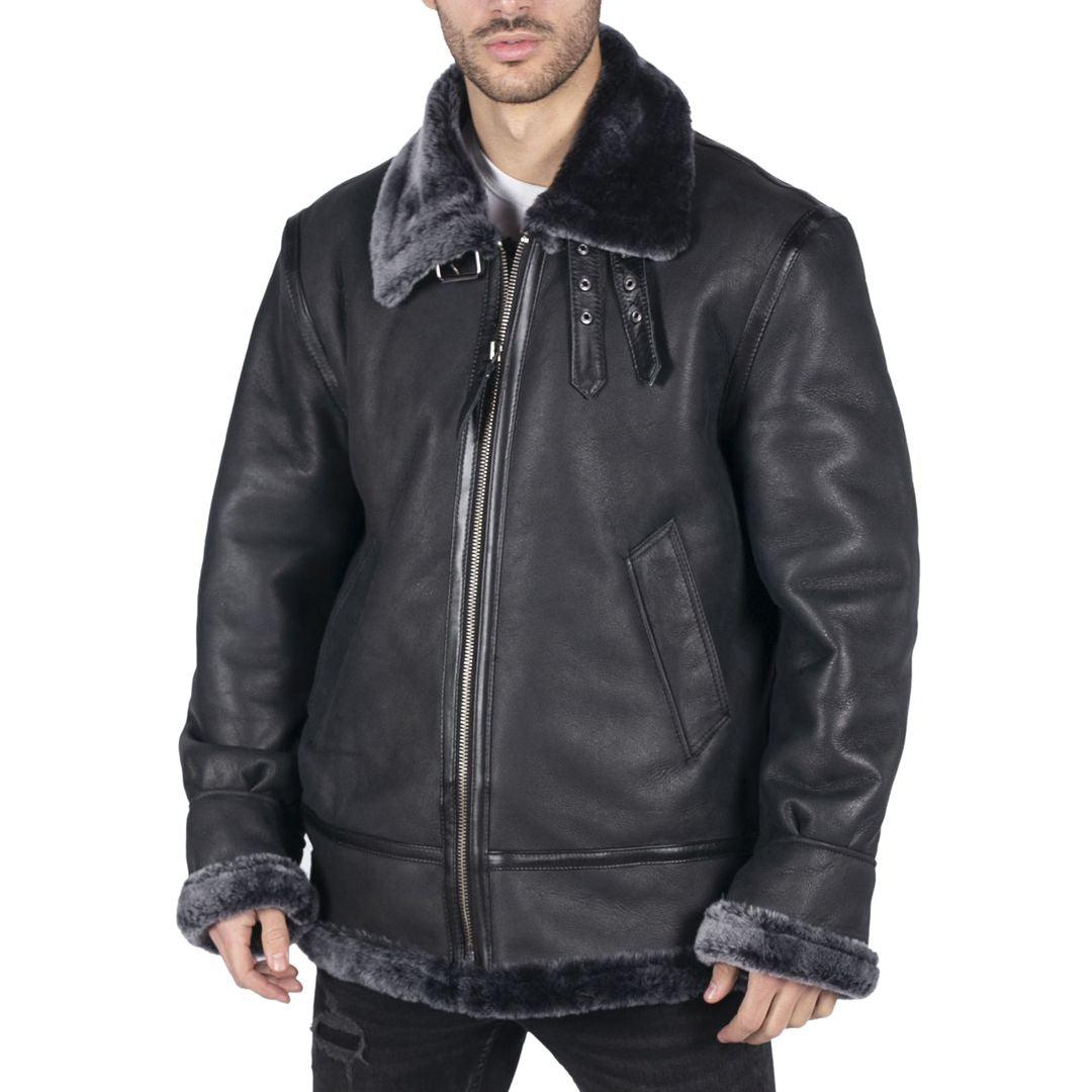 Mens Genuine Sheepskin Leather B3 Flying Aviator Jacket Black Grey Fur - Knighthood Store