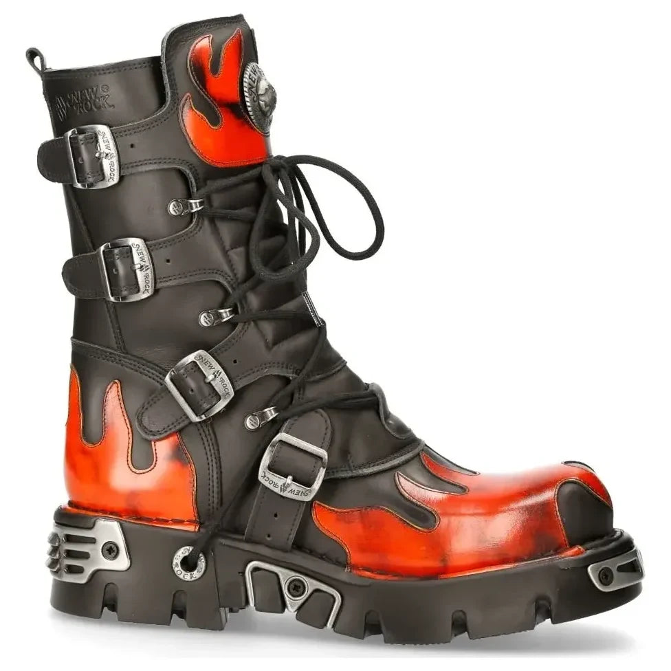 Men's New Rock 591-s1 Red Flame Metallic Black Leather Goth Boots