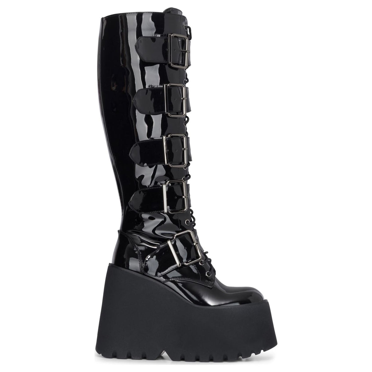 Women's Knee-High Platform Black Patent Vegan Leather Goth Wedge Boots