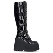 Women's Knee-High Platform Black Patent Vegan Leather Goth Wedge Boots