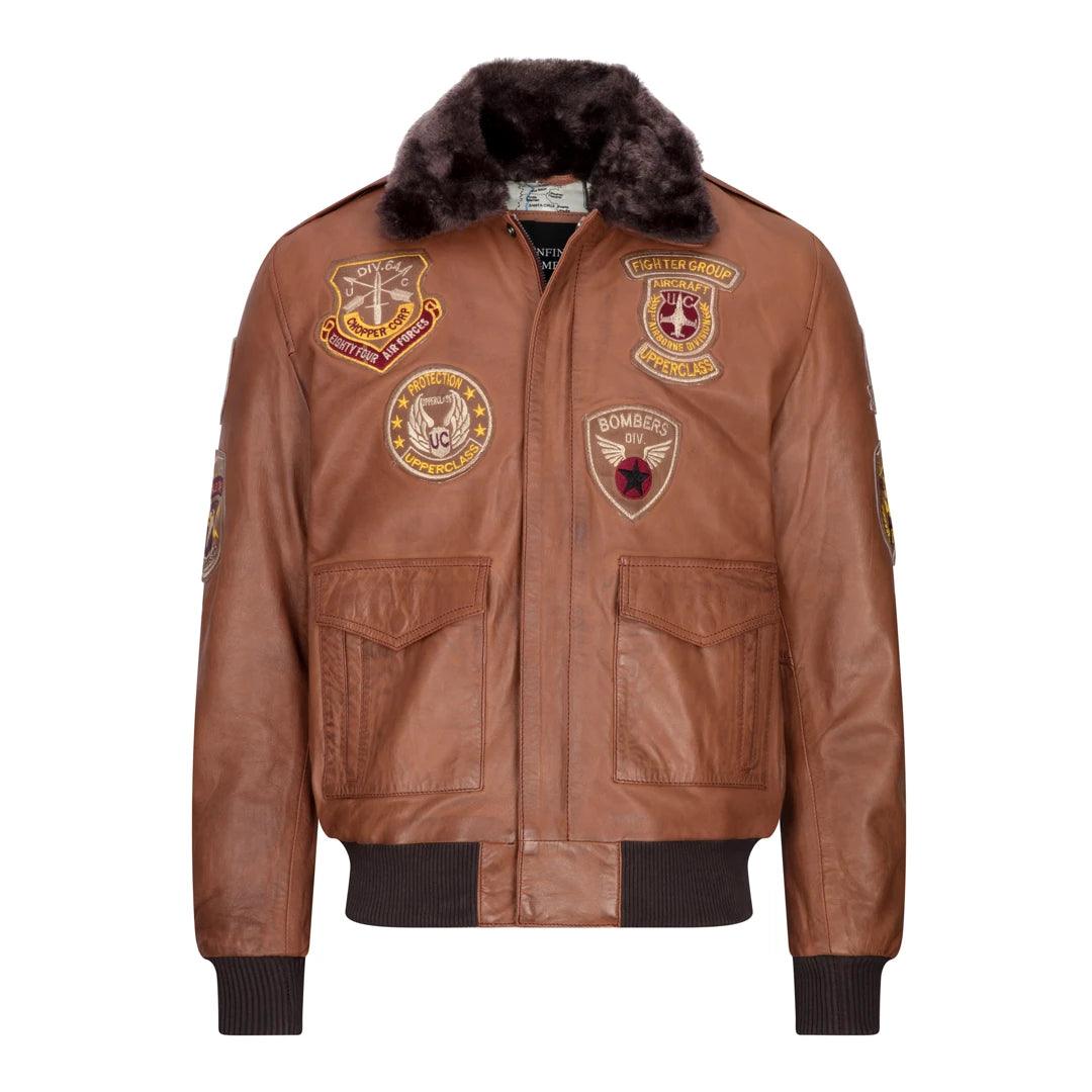 Mens Aviator Flying Pilot Bomber Jacket Vintage Tan Removable Black Fur Collar - Knighthood Store