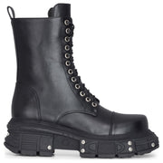 Women's Black Vegan Leather Platform Mid-Calf Combat Boots