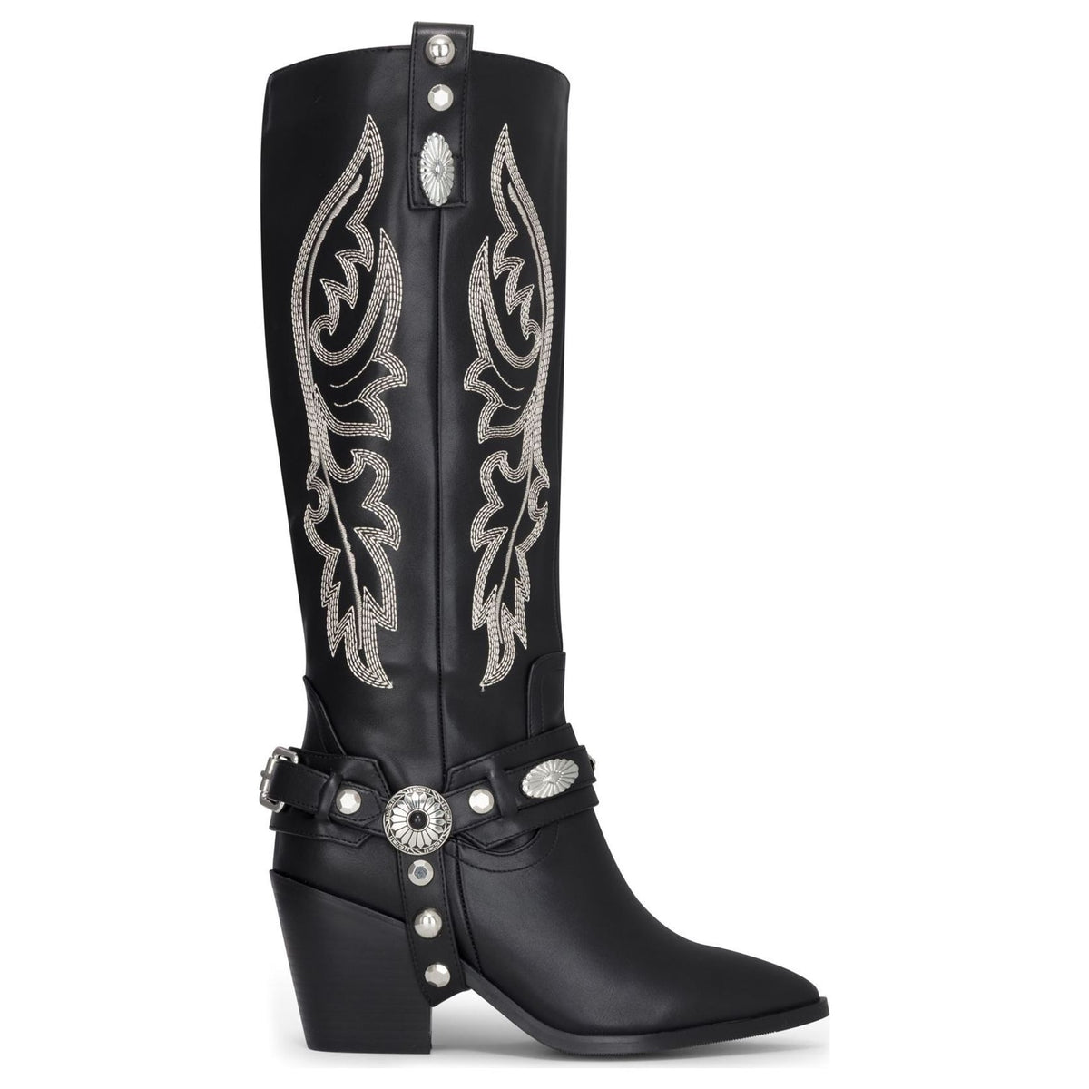 Women's Black Vegan Leather Knee-High Western Embroidered Cowboy Boots