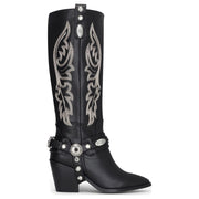 Women's Black Vegan Leather Knee-High Western Embroidered Cowboy Boots