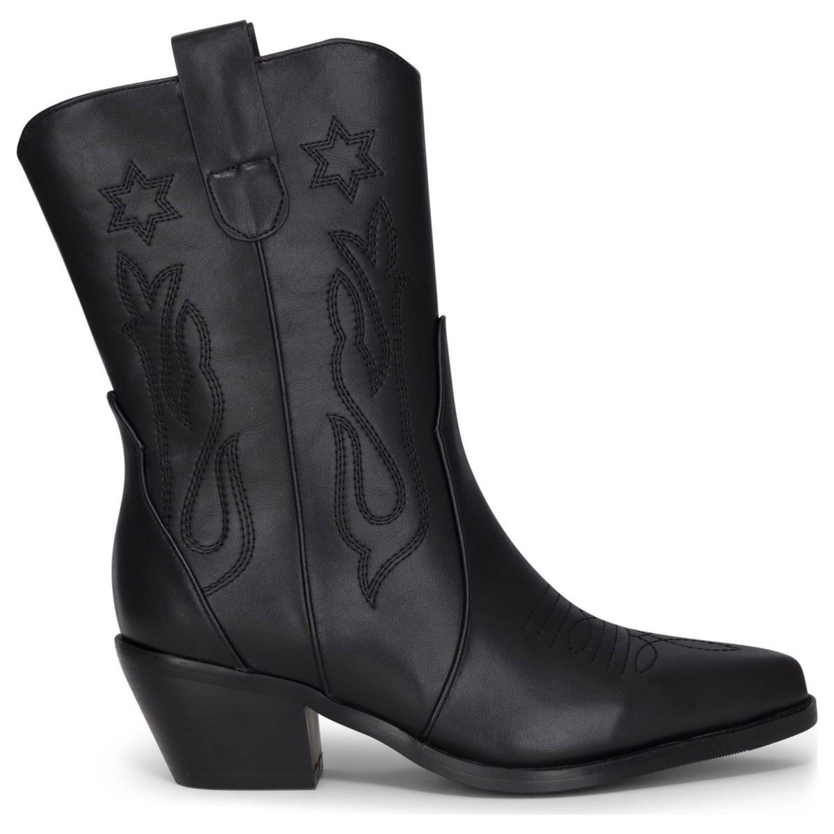 Women's Black Vegan Leather Embroidery Stitch Mid-Calf Western Cowboy Boots