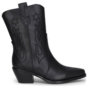 Women's Black Vegan Leather Embroidery Stitch Mid-Calf Western Cowboy Boots