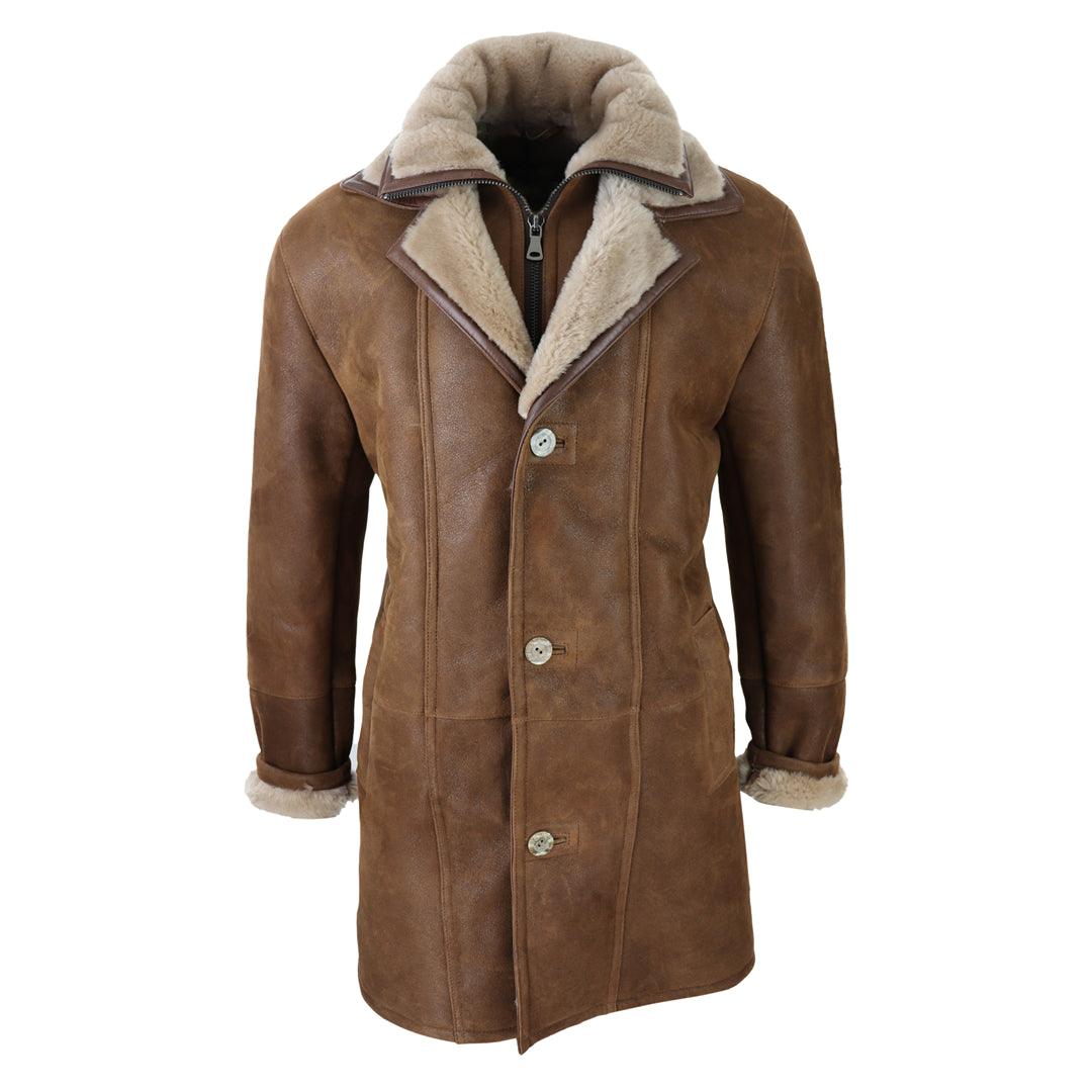 Mens 3/4 Duffle Jacket Real Sheepskin Long Smart Casual Button Zip Warm Coat - Knighthood Store