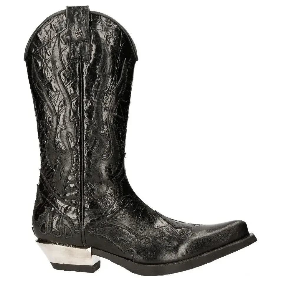 Men's New Rock M-7921-S1 Black Flame Boots Black Leather Cowboy