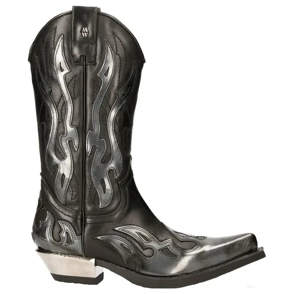 Men's New Rock M-7921-S3 Silver Flame Boots Black Leather Western