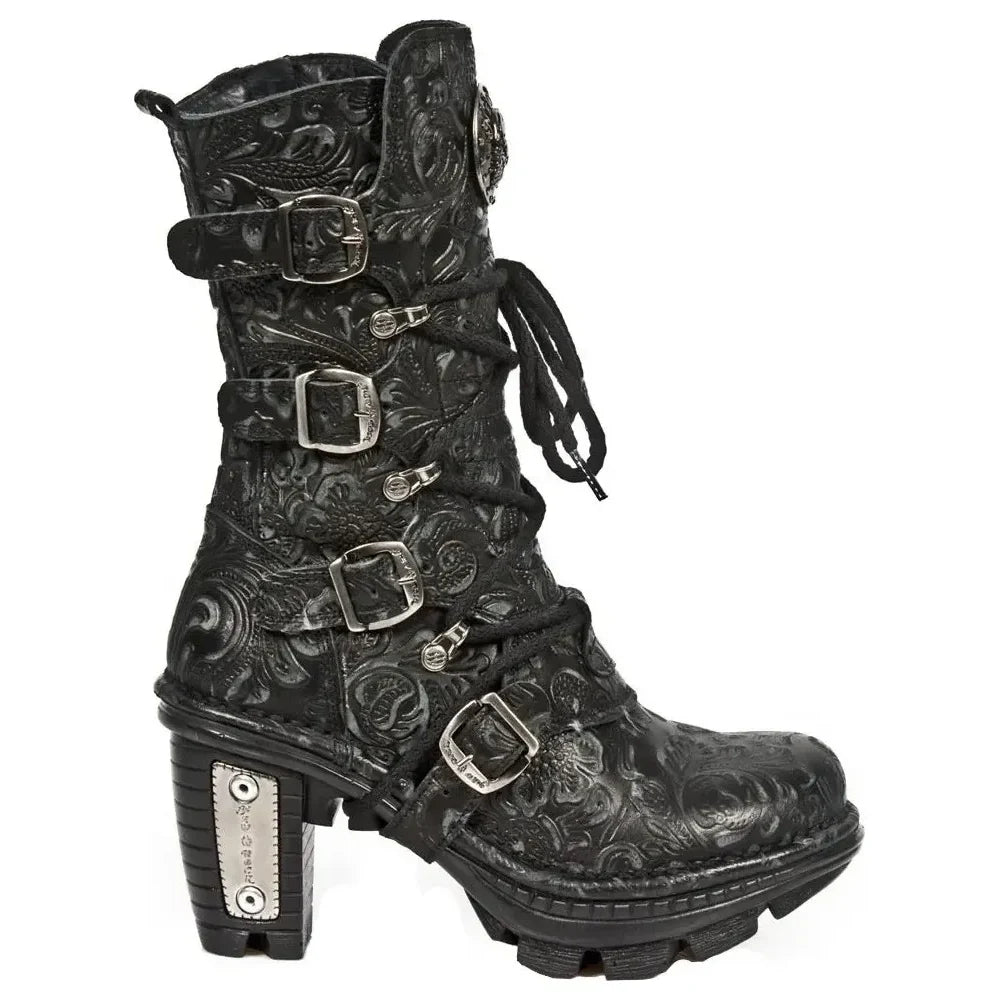 New Rock NEOTR005-S25 Women's Floral Black Leather Boots