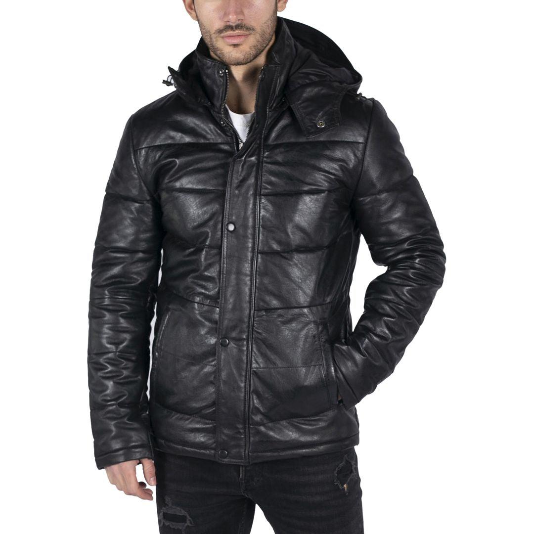 Mens Puffer Hood Quilted Jacket Real Leather Black Casual Retro 80s Classic Casual - Knighthood Store