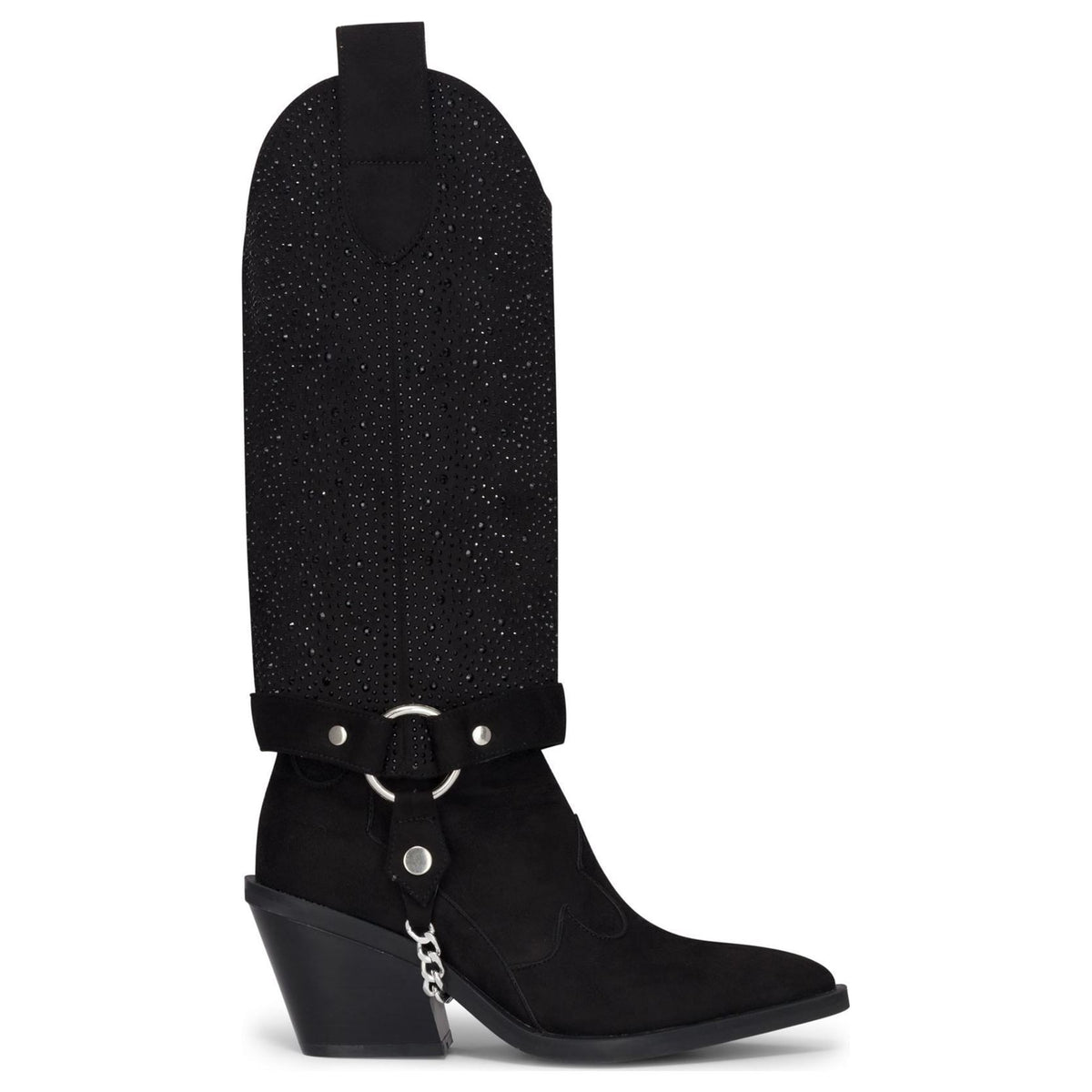 Women's Black Vegan Suede Rhinestone Western Knee-High Cowboy Boots