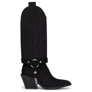 Women's Black Vegan Suede Rhinestone Western Knee-High Cowboy Boots