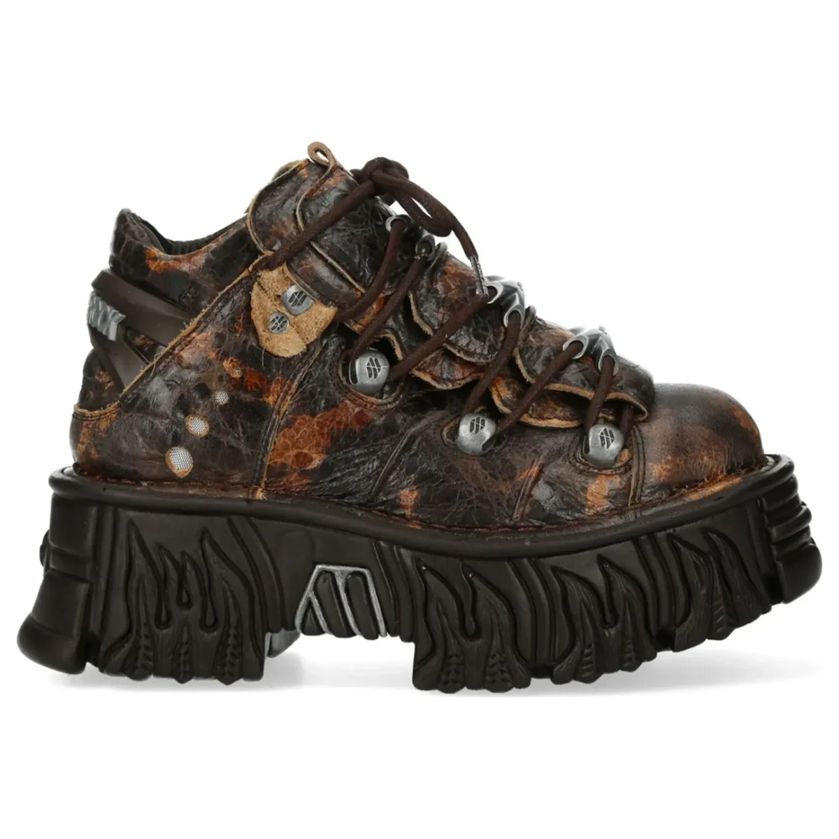 Women's New Rock M-106-C194 Brown Flame Leather Ankle Platform Boots