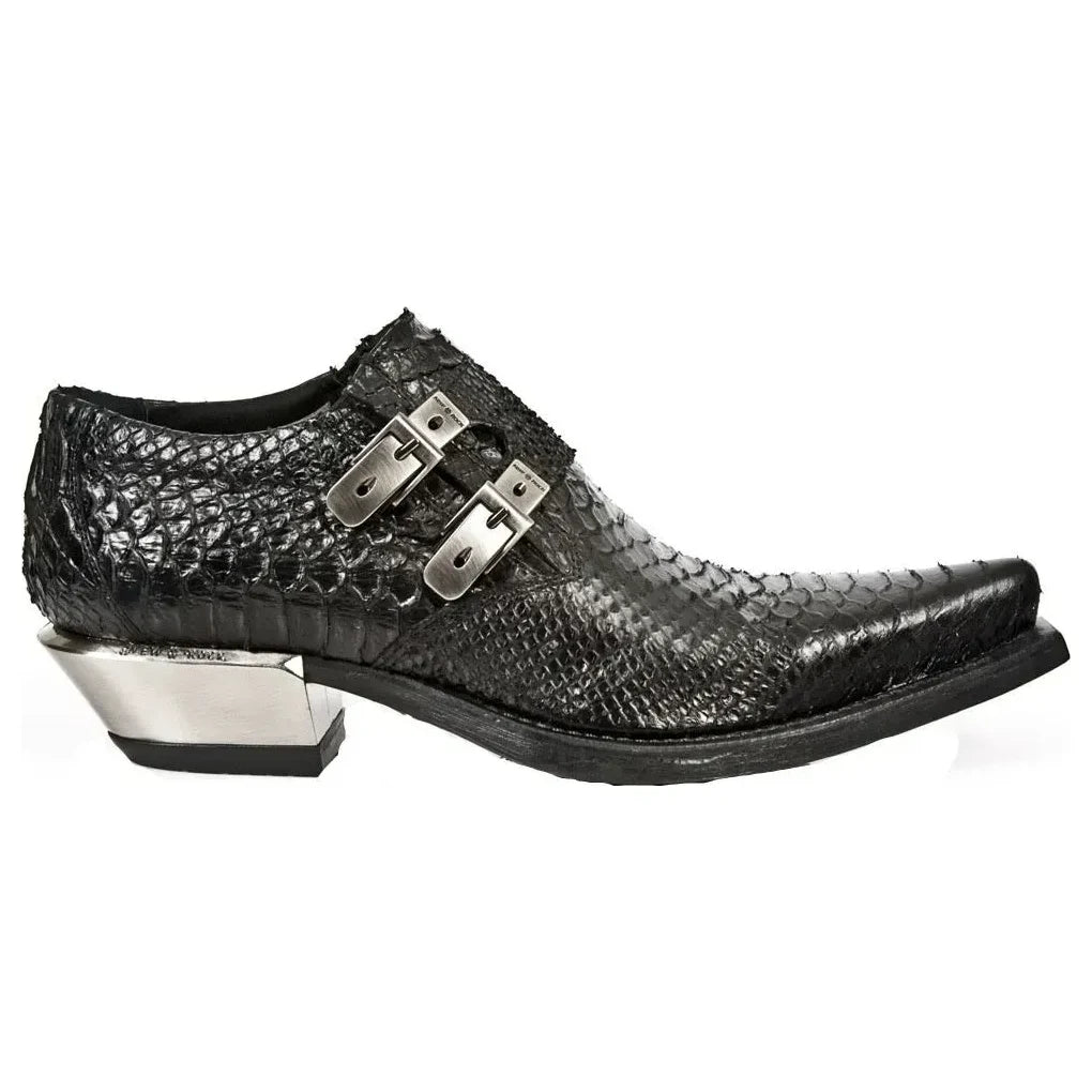 Men's New Rock 7934-S2 Embossed Black Leather Buckle West Boots