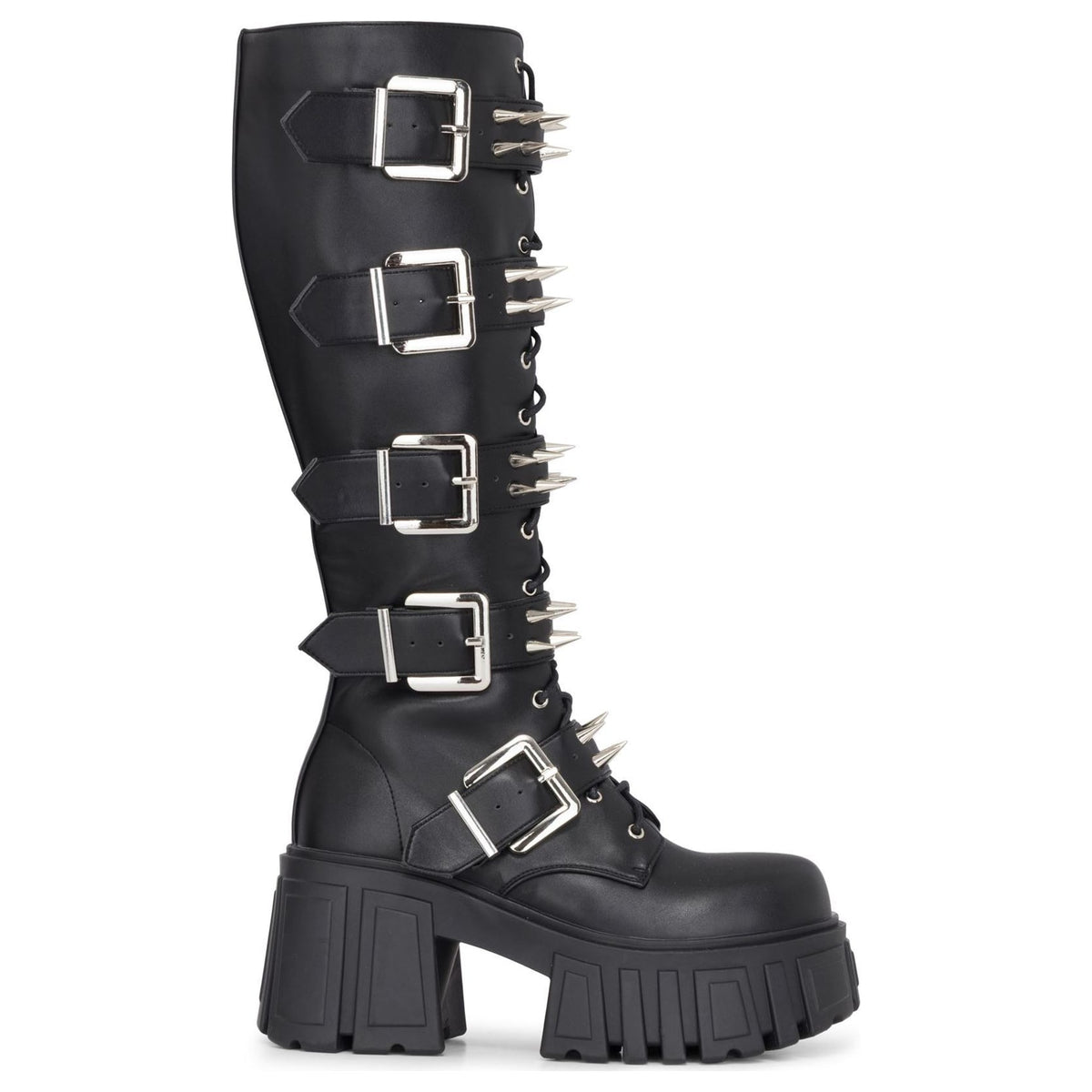 Women's Black Vegan Leather Knee-High Platform Combat Goth Punk Boots