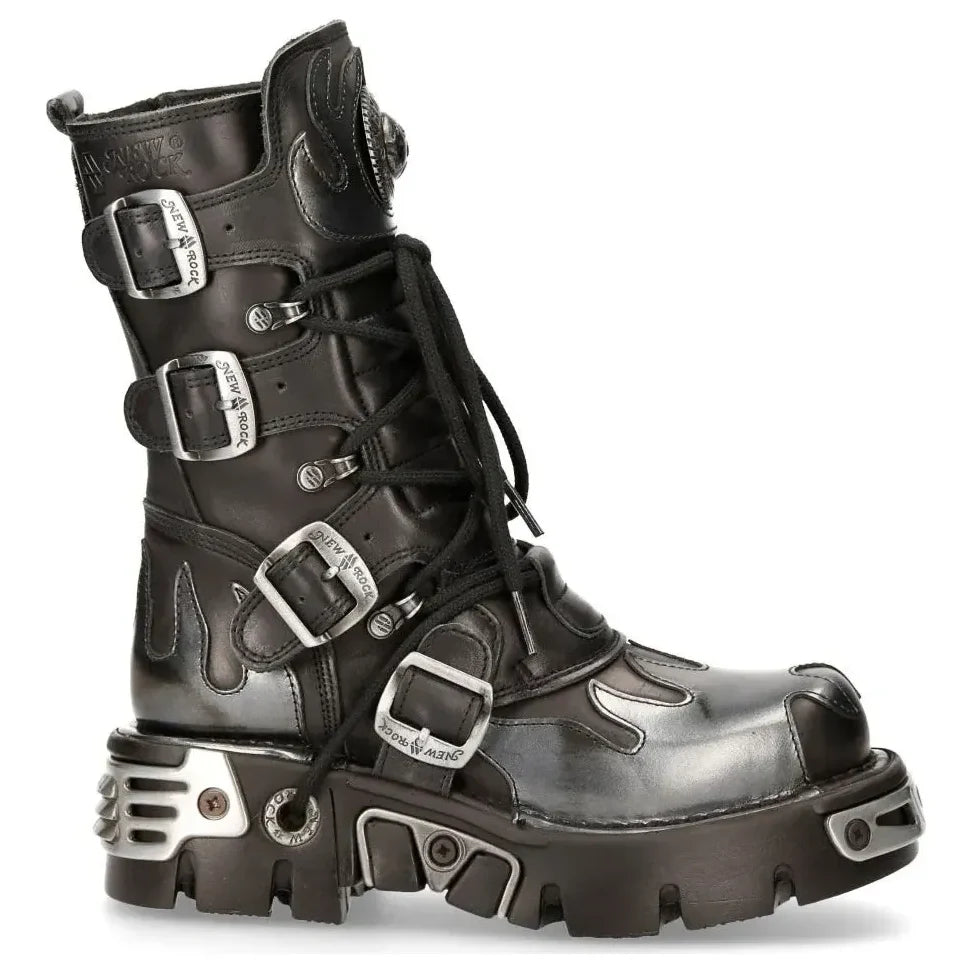Men's New Rock 591-S2 Silver Flame Black Leather Punk Goth Boots